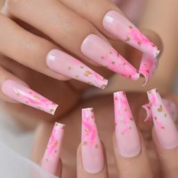 Faux cercueil ballerine super long brillant rose ombré à pression française feuille d'or