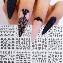 12pcs Noir Blanc Dentelle Fleur Ongles Autocollants 3D Décalcomanies Feuilles Amour Coeur Géométrie