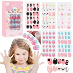 Faux ongles rose bonbon pour enfants dessin animé couverture complète outil de manucure pour