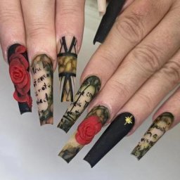Ensemble de Faux Ongles 3D à Presser Géométriques Lettres Noires Rouges Roses Design Longs 50