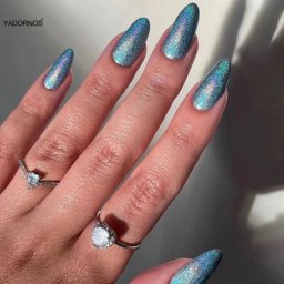 Faux-ongles aurore bleus poudre à paillettes brillantes tête en amande à pression sur les ongles