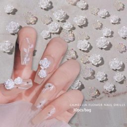 Décorations 3D en résine pour ongles camélia aurore paillettes blanches charbon accessoires de