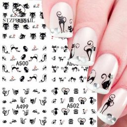 Autocollant de transfert d'eau pour ongles de chat noir mignon dessin animé amour coeur français