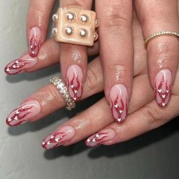 Faux ongles en acrylique Stiletto flamme rouge courte paillettes portables amour blanc