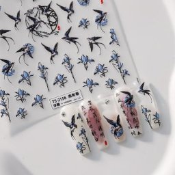 Autocollants 5D réalistes pour nail art fleurs de printemps chaudes longue queue hirondelles