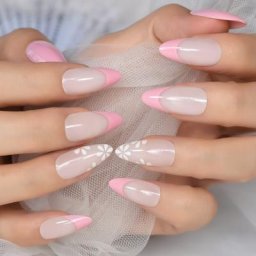 Ongles à pression pour manucure à la française rose avec motif floral couverture complète en