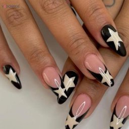 Faux ongles français y2k à pression 24 pièces motifs étoiles longs en forme d'amande Stiletto
