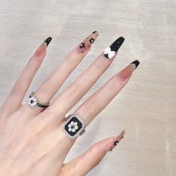 Autocollants pour faux ongles longs noirs petits points fleur vague papillon complets avec