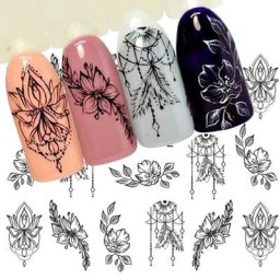 1 feuille bijoux fleur eau décalcomanie noir autocollant pour ongles motif peinture rond papier