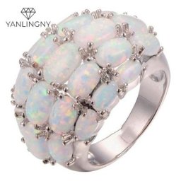 Bagues de luxe en opale de feu blanche à quatre rangées couleur argent pour mariage fiançailles