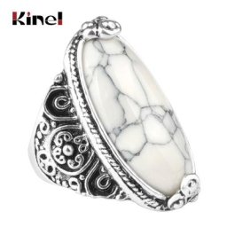 Kinel-Bagues ovales en pierre naturelle pour femme bande de fleurs look vintage argent tibétain