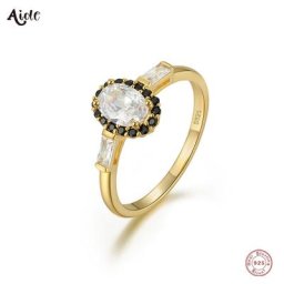 Aide – bague ovale en argent Sterling 925 pour femmes anneau Vintage en Zircon noir et blanc