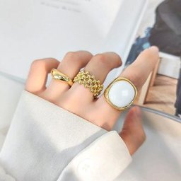 Ensemble de 3 bagues rondes en résine inoxydable pour femmes couleur or Vintage Chic perles