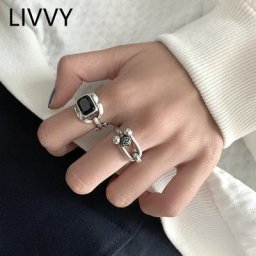 LIVVY-Bagues de mariage en argent pour femmes et filles bijoux fins géométrie creuse rectang