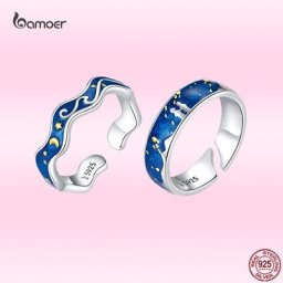 Bamoer-Bague Vintage Ondulée en Argent Sterling 925 group Ciel Étoilé Lune et Étoile Ouverte Van