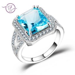 Bagues de mariage en topaze bleu ciel pour femmes 100% argent regardé 925 bijoux autrichiens AA