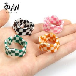 SIAN-Bague à carreaux noire et blanche réglable pour filles résine acrylique colorée mode