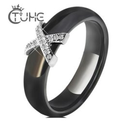 Bague en céramique noire et blanche pour femmes et hommes avec cristal AAA 6mm grande taille 10