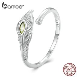 Bamoer 925 Sterling Argent Plume De Paon Bague D'ouverture Zircon Bague Réglable pour Femmes Parti