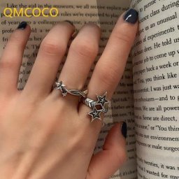 QMCOCOSilver TurnVintage Double Star-Shape Punk Ring for Women and Men Fine Jewelry