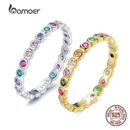 BAMOER-Bague arc-en-ciel colorée en argent regardé 925 pour femme bijoux fantaisie pierre CZ