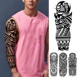 Grand autocollant de tatouage temporaire manche de bras étanche Totem Tribal Maori noir Art