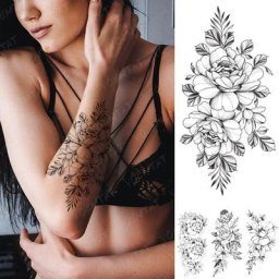 Autocollants de tatouage temporaire imperméable fausse fleur de prunier pivoine Flash noir bras