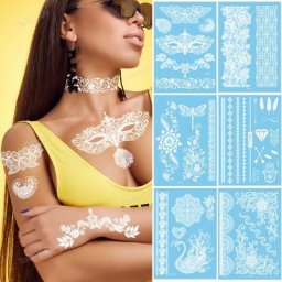 Autocollant de Tatouage Temporaire en Dentelle Blanche pour Femme Faux Henné Indien Bijoux