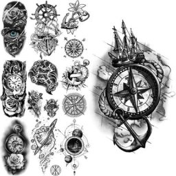 Tatouages Temporaires Injecteur pour Adultes et Hommes Boussole 7.5 Faux Tatouage Autocollant