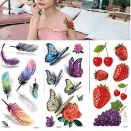 Tatouage Autocollant Temporaire Étanche pour Homme et Femme Fleur Rose Flash Papillon Plume