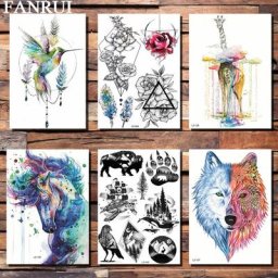 FANRUI-Autocollant de Tatouage Temporaire Imperméable Rose Fleur Patte Oiseau Plume Tortue