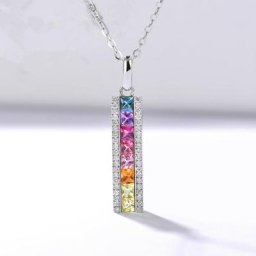 Collier en argent regardé S925 avec pierre colorée pour femme arc-en-ciel cubique carré pierre de