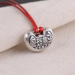 Ruyi-Pendentif Double Face Silver Long Life Lock pour Femme Sculpté à la Main Fortune and Peace