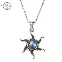 Colliers en pierre de lune naturelle pour femmes bijoux en argent Labrumen ite forme de soleil