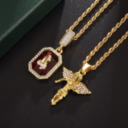 Ensemble de collier Hip Hop avec ange et mains de prière pendentif en Zircon rouge pour hommes et