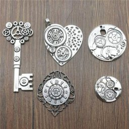 Breloques Steampunk en Argent Antique Bijoux Pendentif Engrenage de Document Grand 5 Pièces