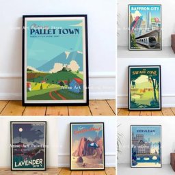 Affiche de voyage Pokemon dessin animé japonais ville ville île cadeau pour chambre d'enfants