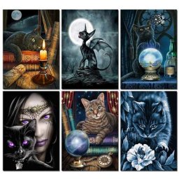 Peinture de Mosaïque de Diamant 5D avec Strass Broderie de Sorcière Chat Noir Point de Croix