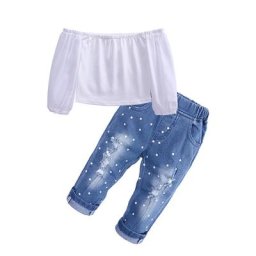 Costume 2 pièces à épaules dénudées pour petite fille de 1 à 5 ans jean déchiré à imprimé Spot