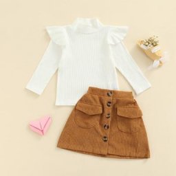 Ensemble jupe pour enfants manches longues col tortue côtelé couleur unie hauts taille haute