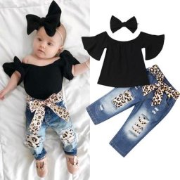 Ensemble 3 pièces pour bébés filles T-shirt court uni + pantalon en jean bandage tenues d'automne