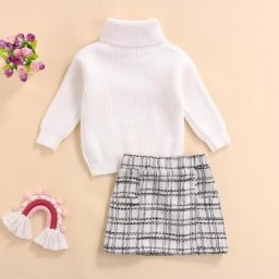 Ensemble 2 pièces pour filles tenue décontractée couleur unie pull à manches longues col roulé