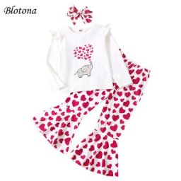 Blotona – haut à manches longues pour bébé pantalon évasé + bandeau à nœud pull à motif de cœur