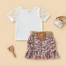Jupe à manches courtes et col rond pour filles 2 pièces T-shirt à fleurs plissées ourlet à