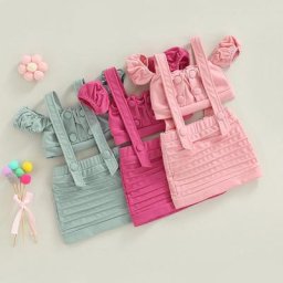 Toddler Kids Casual 2PCS Outfits Solid Buttons Off-Shoulder Crop Tops Adjustable Suspender Mini