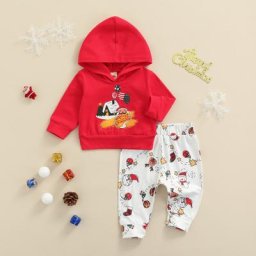 Ensemble de vêtements de noël deux pièces pour bébés pull à capuche rouge et pantalon à motif