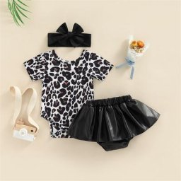0-24M Baby Girls 3PCS Summer Suit Short Sleeve Leopard Crew Snap Romper + Plain Short Skirt Pants +