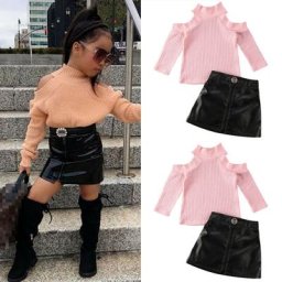 Mini jupe en cuir PU à manches longues pour bébés filles pull uni initié au froid vêtements pour
