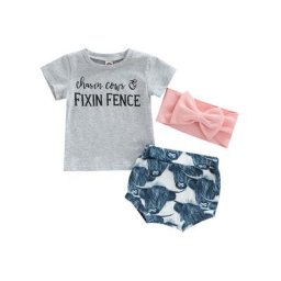Ensemble de vêtements Western pour bébés filles 3 pièces t-shirt manches courtes en vache Boho