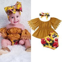 Vêtements pour bébés filles 3 pièces haut à épaules dénudées robe à fleurs ensemble de tenues